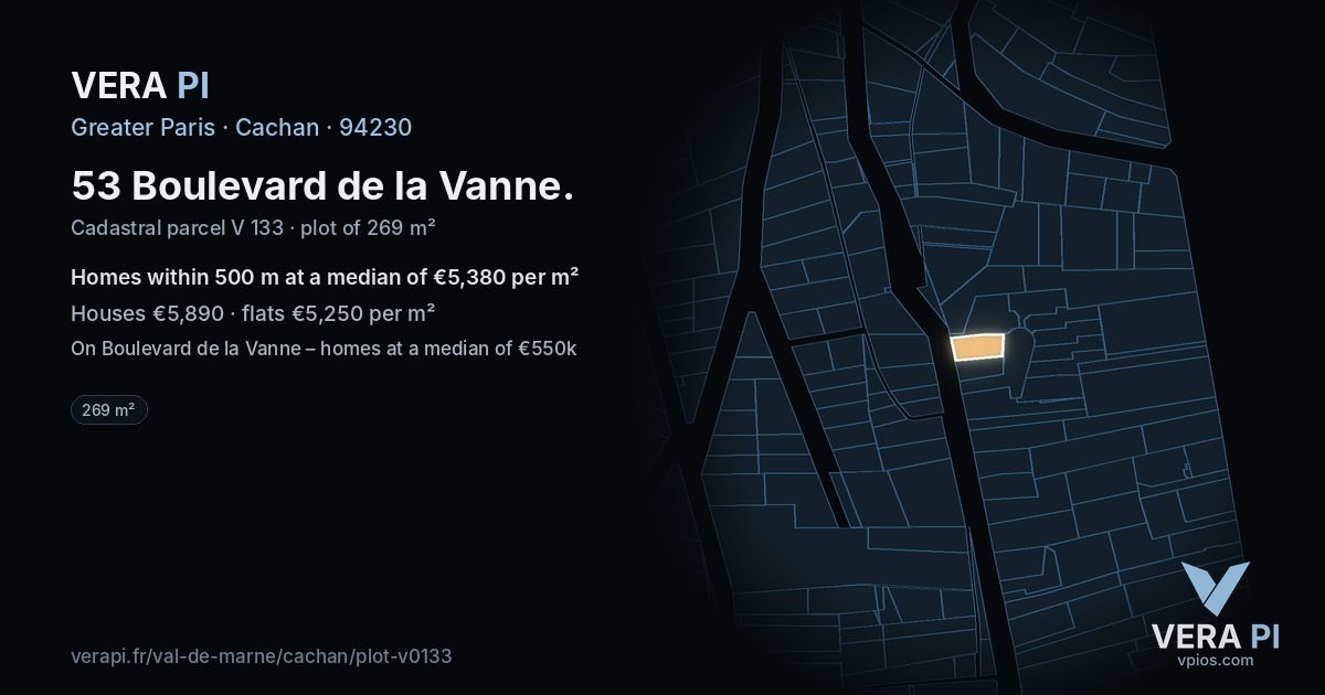 53 Boulevard de la Vanne, Cachan at night – the plot lit, the parcels around coloured by the prices near them