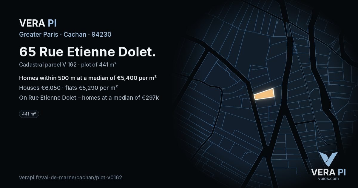 65 Rue Etienne Dolet, Cachan at night – the plot lit, the parcels around coloured by the prices near them