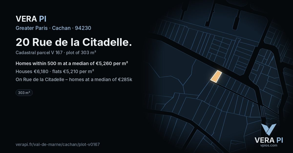 20 Rue de la Citadelle, Cachan at night – the plot lit, the parcels around coloured by the prices near them