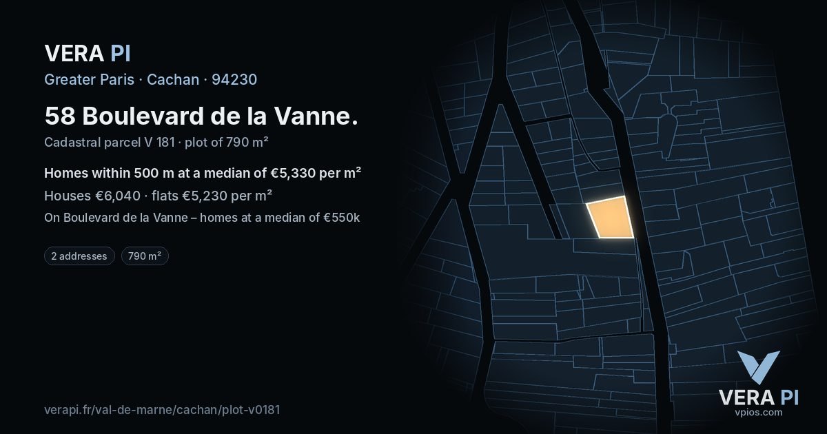 58 Boulevard de la Vanne, Cachan at night – the plot lit, the parcels around coloured by the prices near them