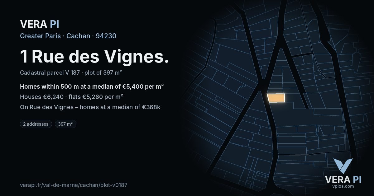 1 Rue des Vignes, Cachan at night – the plot lit, the parcels around coloured by the prices near them