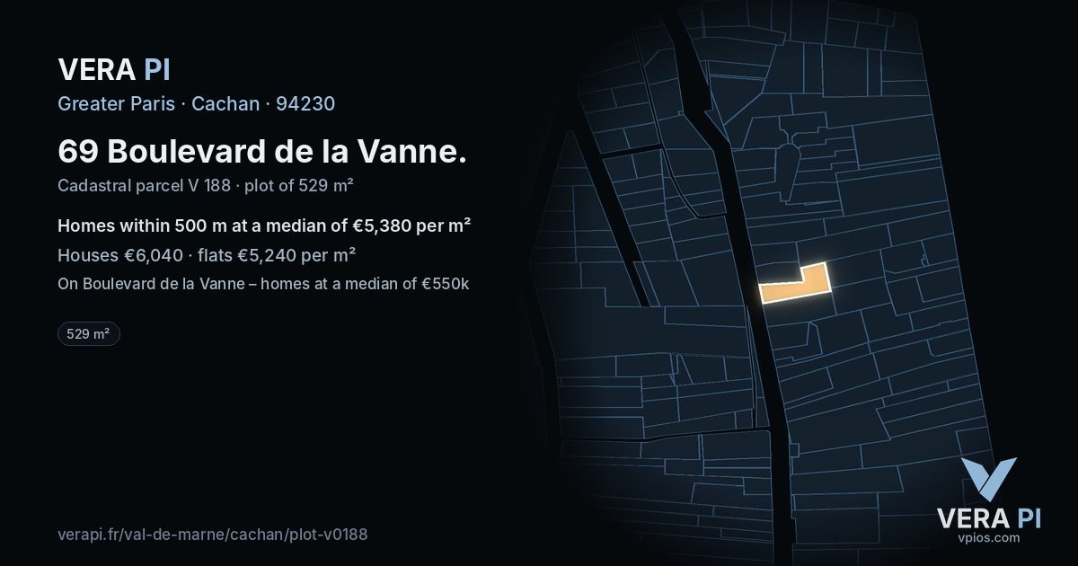 69 Boulevard de la Vanne, Cachan at night – the plot lit, the parcels around coloured by the prices near them