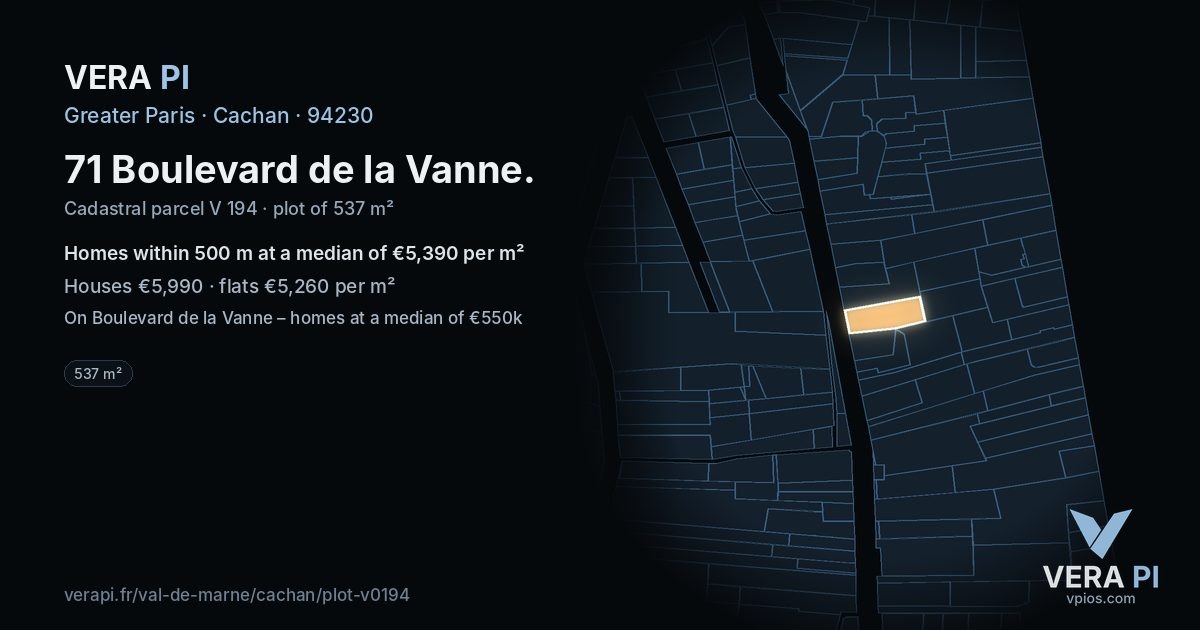 71 Boulevard de la Vanne, Cachan at night – the plot lit, the parcels around coloured by the prices near them