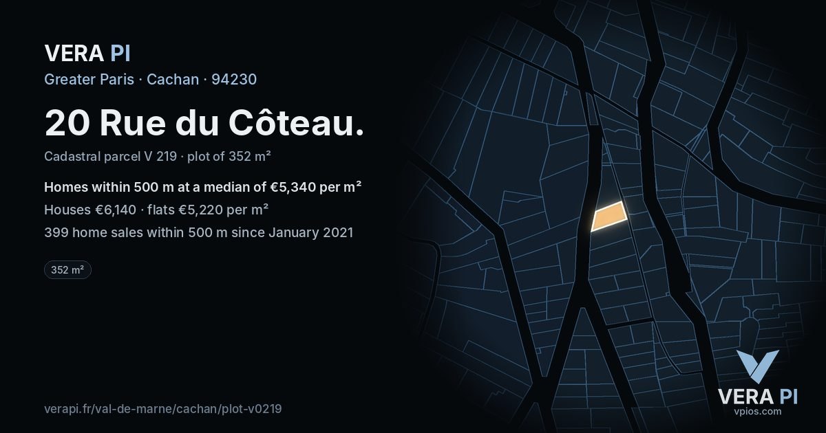 20 Rue du Côteau, Cachan at night – the plot lit, the parcels around coloured by the prices near them