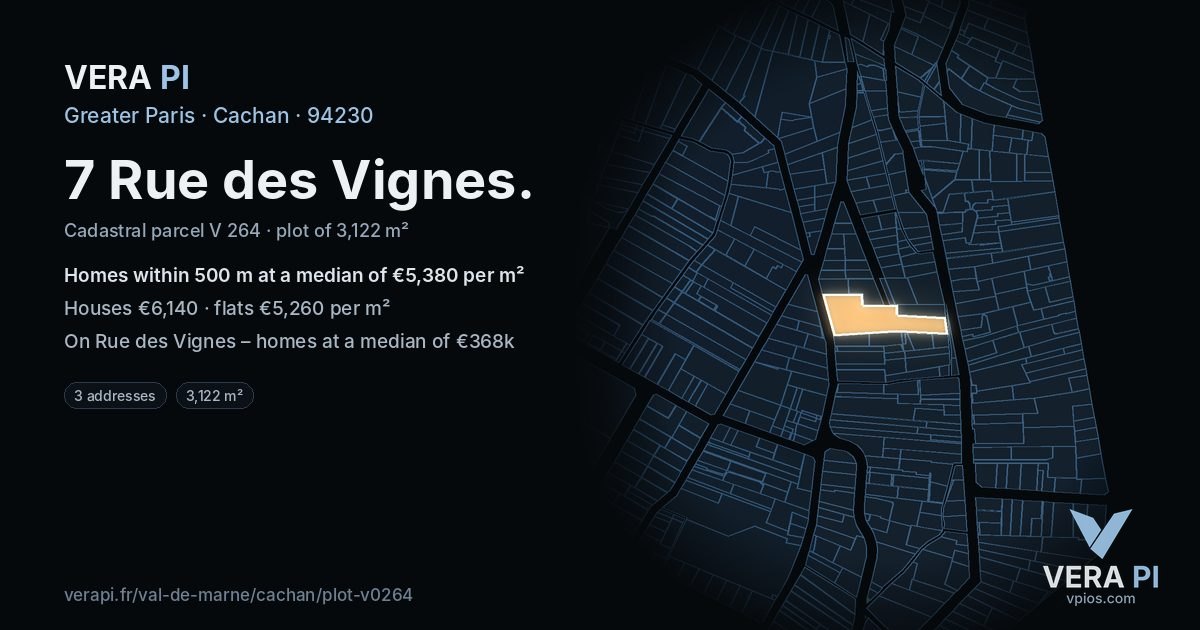 7 Rue des Vignes, Cachan at night – the plot lit, the parcels around coloured by the prices near them