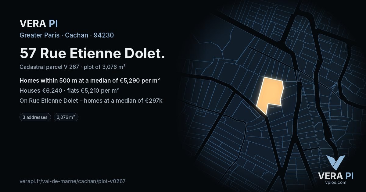 57 Rue Etienne Dolet, Cachan at night – the plot lit, the parcels around coloured by the prices near them