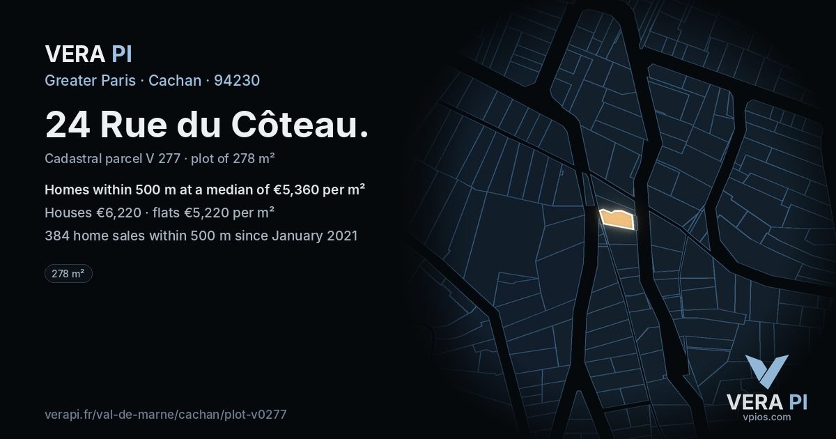 24 Rue du Côteau, Cachan at night – the plot lit, the parcels around coloured by the prices near them