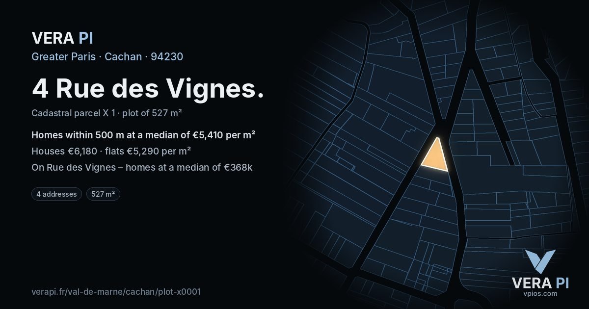 4 Rue des Vignes, Cachan at night – the plot lit, the parcels around coloured by the prices near them