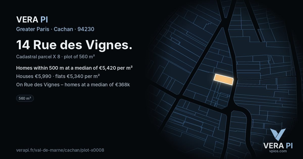 14 Rue des Vignes, Cachan at night – the plot lit, the parcels around coloured by the prices near them