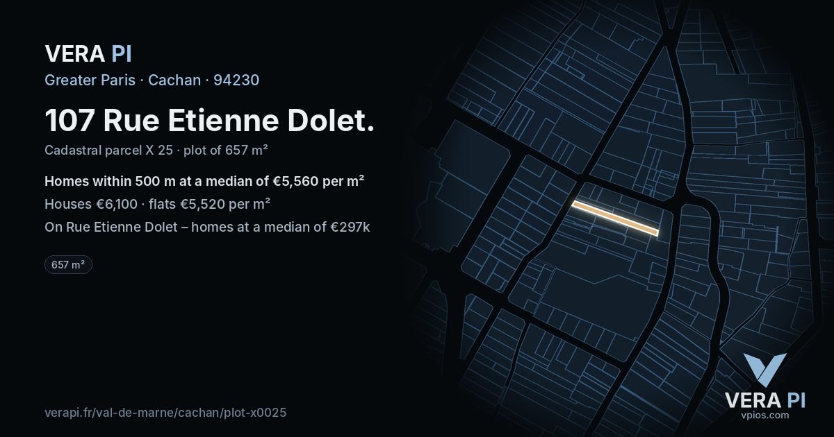 107 Rue Etienne Dolet, Cachan at night – the plot lit, the parcels around coloured by the prices near them
