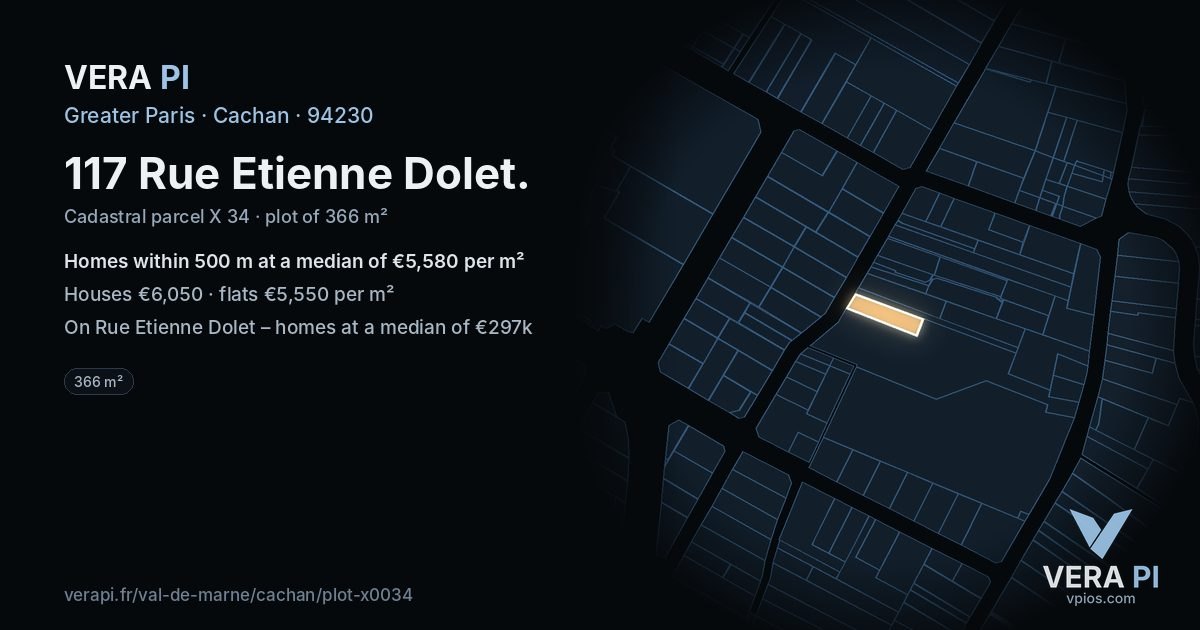 117 Rue Etienne Dolet, Cachan at night – the plot lit, the parcels around coloured by the prices near them