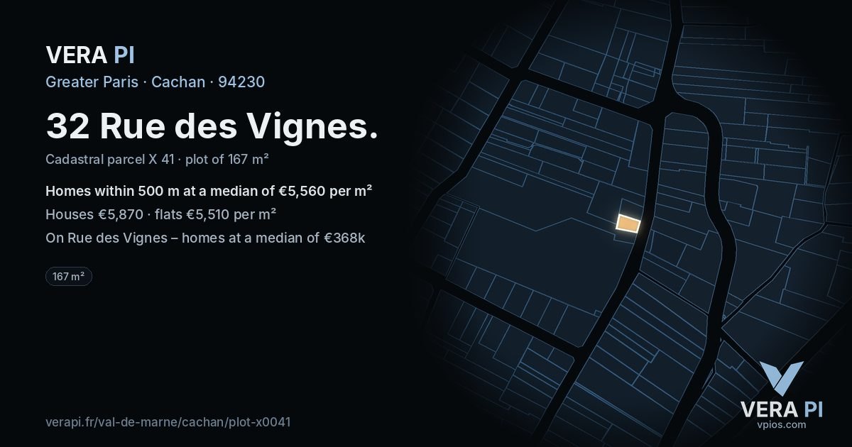 32 Rue des Vignes, Cachan at night – the plot lit, the parcels around coloured by the prices near them