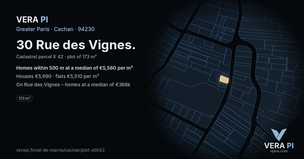 30 Rue des Vignes, Cachan at night – the plot lit, the parcels around coloured by the prices near them