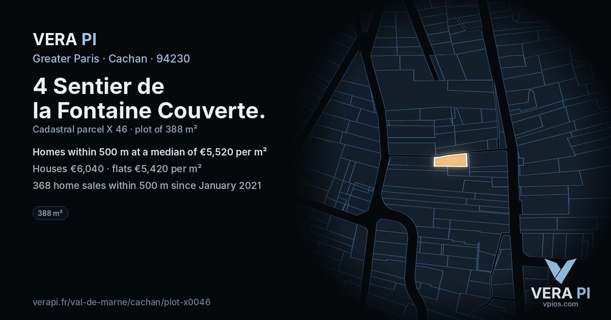 4 Sentier de la Fontaine Couverte, Cachan at night – the plot lit, the parcels around coloured by the prices near them