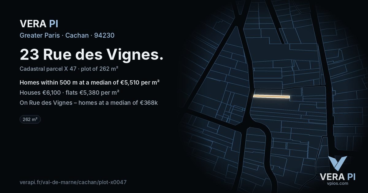 23 Rue des Vignes, Cachan at night – the plot lit, the parcels around coloured by the prices near them