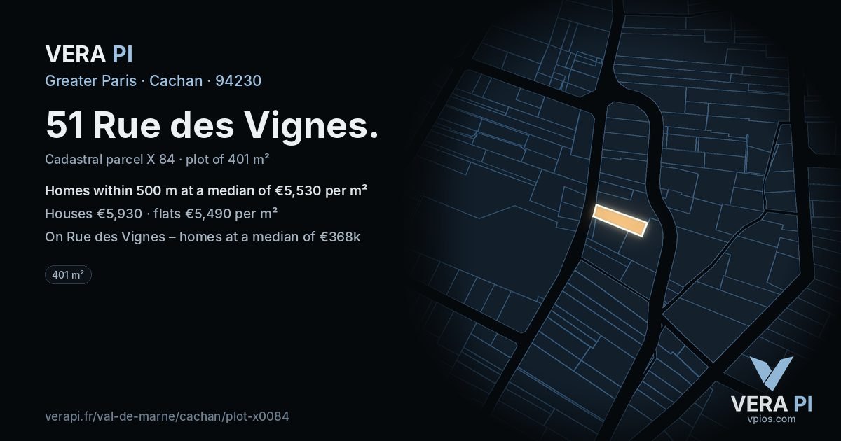 51 Rue des Vignes, Cachan at night – the plot lit, the parcels around coloured by the prices near them