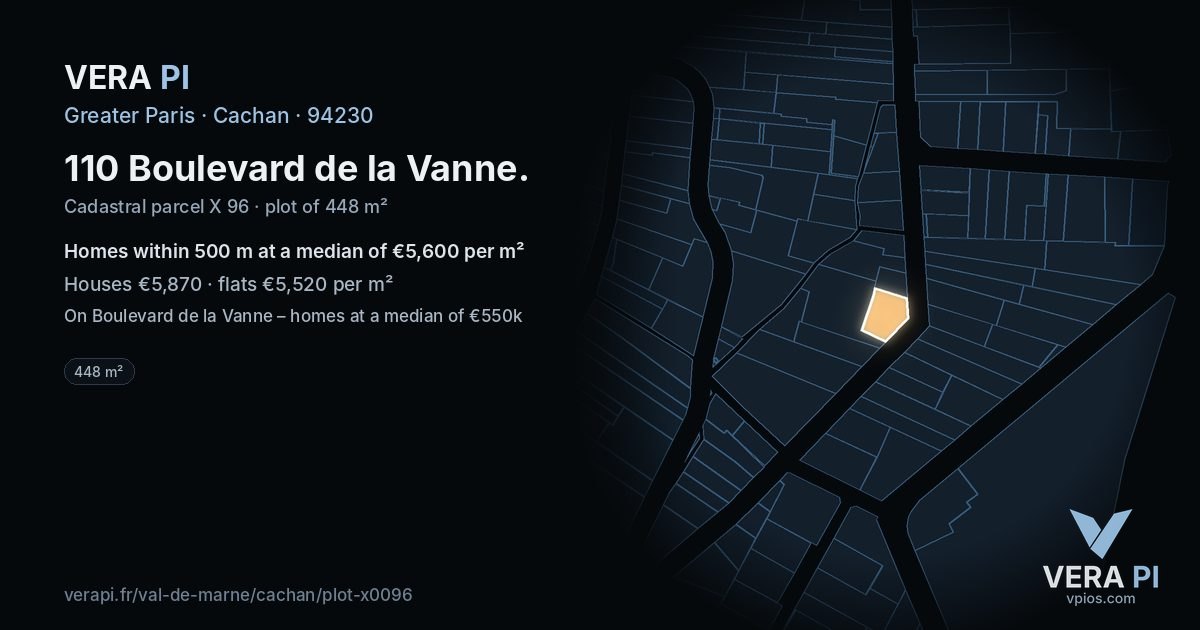 110 Boulevard de la Vanne, Cachan at night – the plot lit, the parcels around coloured by the prices near them