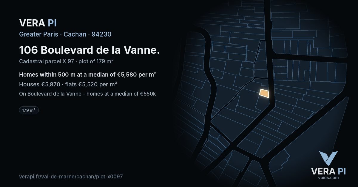 106 Boulevard de la Vanne, Cachan at night – the plot lit, the parcels around coloured by the prices near them