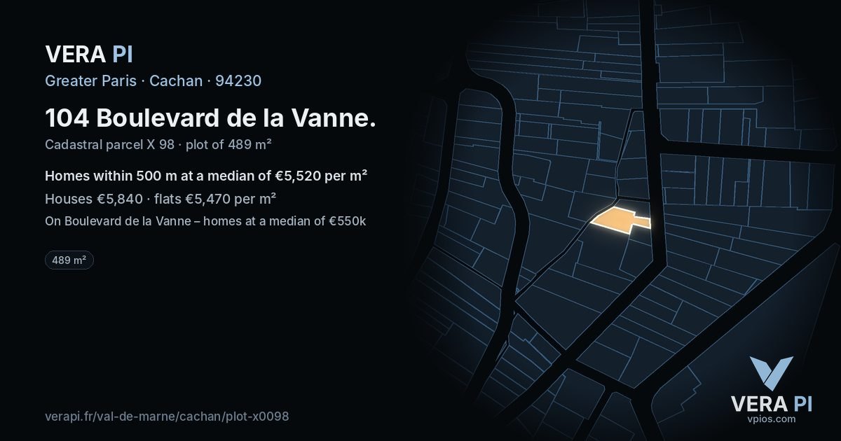 104 Boulevard de la Vanne, Cachan at night – the plot lit, the parcels around coloured by the prices near them