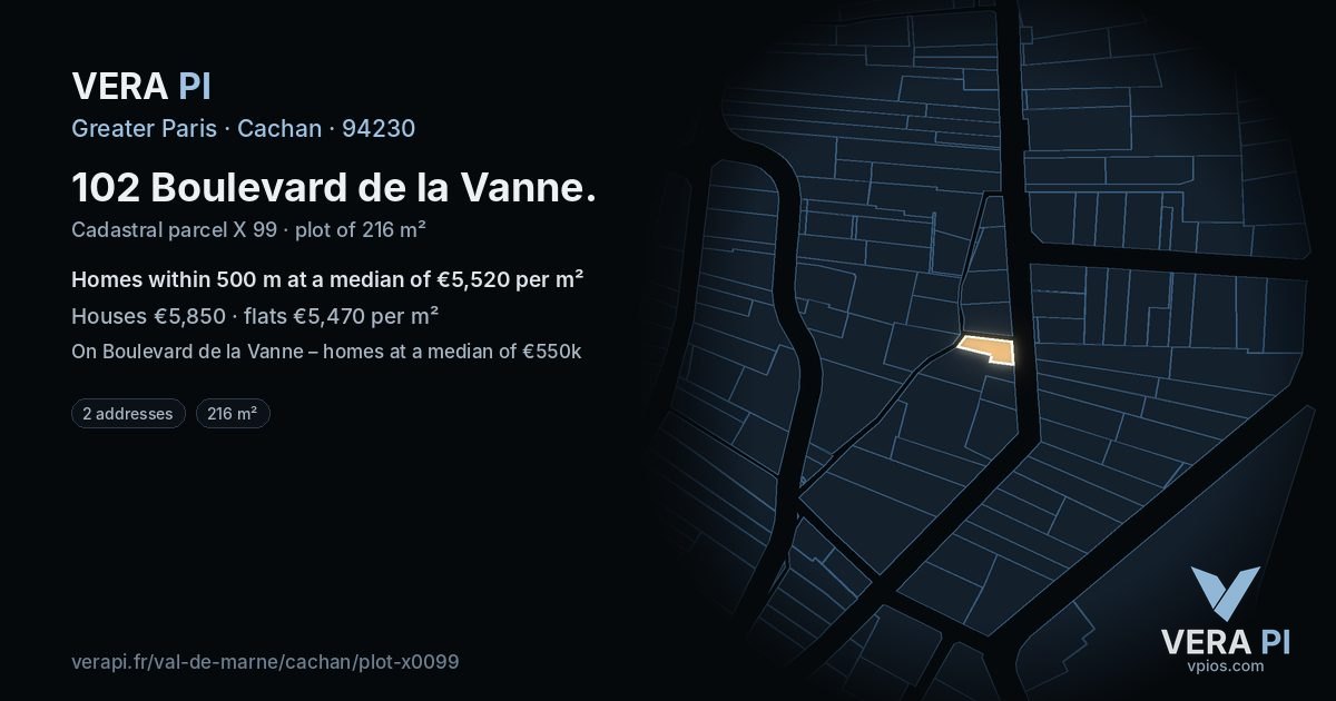 102 Boulevard de la Vanne, Cachan at night – the plot lit, the parcels around coloured by the prices near them