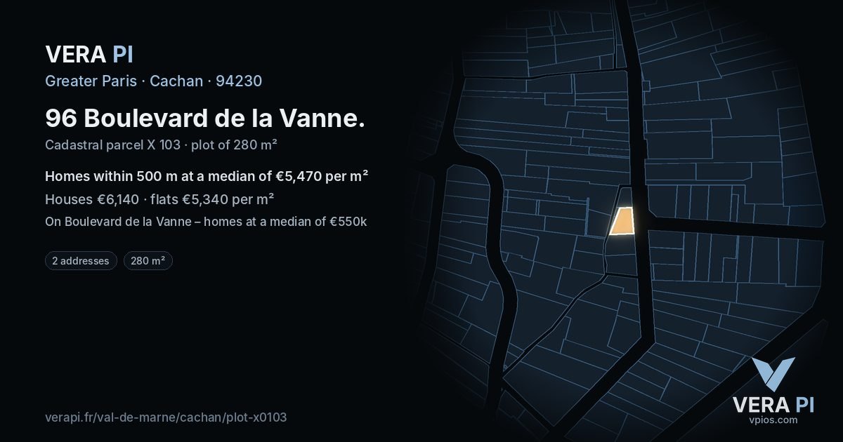 96 Boulevard de la Vanne, Cachan at night – the plot lit, the parcels around coloured by the prices near them