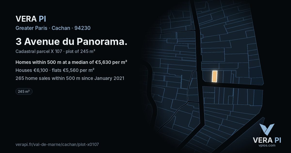 3 Avenue du Panorama, Cachan at night – the plot lit, the parcels around coloured by the prices near them