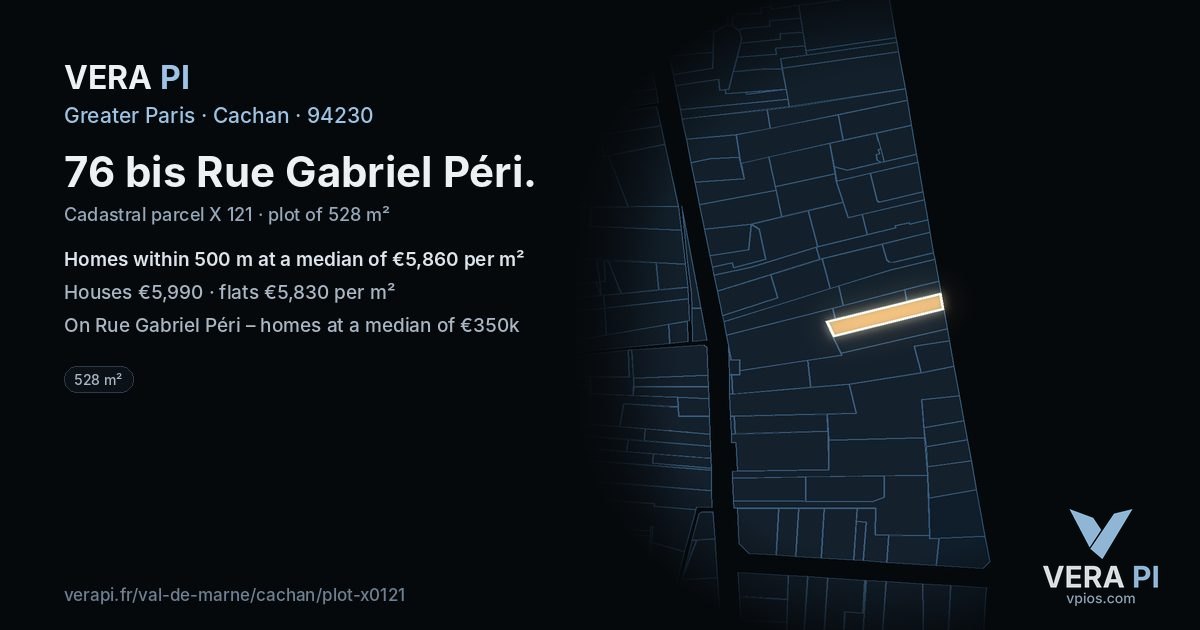 76 bis Rue Gabriel Péri, Cachan at night – the plot lit, the parcels around coloured by the prices near them