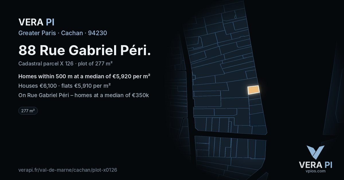 88 Rue Gabriel Péri, Cachan at night – the plot lit, the parcels around coloured by the prices near them