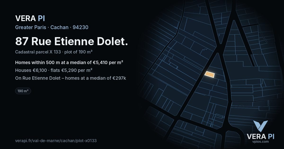 87 Rue Etienne Dolet, Cachan at night – the plot lit, the parcels around coloured by the prices near them