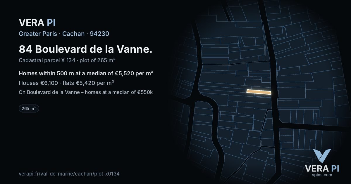 84 Boulevard de la Vanne, Cachan at night – the plot lit, the parcels around coloured by the prices near them