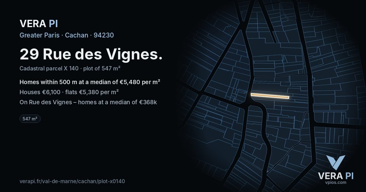 29 Rue des Vignes, Cachan at night – the plot lit, the parcels around coloured by the prices near them