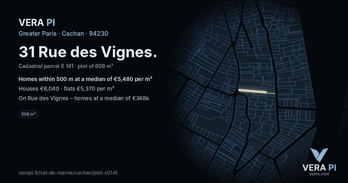 31 Rue des Vignes, Cachan at night – the plot lit, the parcels around coloured by the prices near them