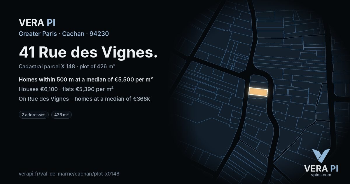 41 Rue des Vignes, Cachan at night – the plot lit, the parcels around coloured by the prices near them