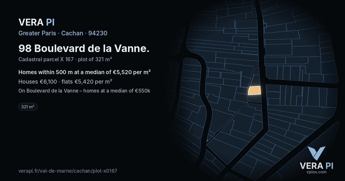 98 Boulevard de la Vanne, Cachan at night – the plot lit, the parcels around coloured by the prices near them