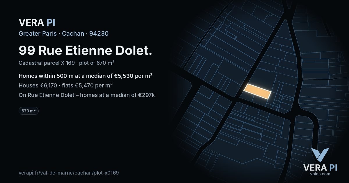 99 Rue Etienne Dolet, Cachan at night – the plot lit, the parcels around coloured by the prices near them