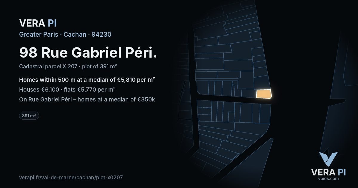 98 Rue Gabriel Péri, Cachan at night – the plot lit, the parcels around coloured by the prices near them