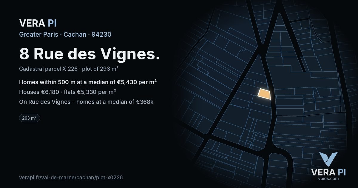8 Rue des Vignes, Cachan at night – the plot lit, the parcels around coloured by the prices near them