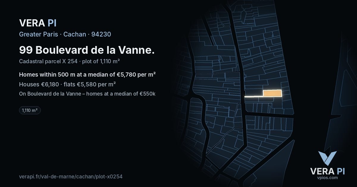 99 Boulevard de la Vanne, Cachan at night – the plot lit, the parcels around coloured by the prices near them