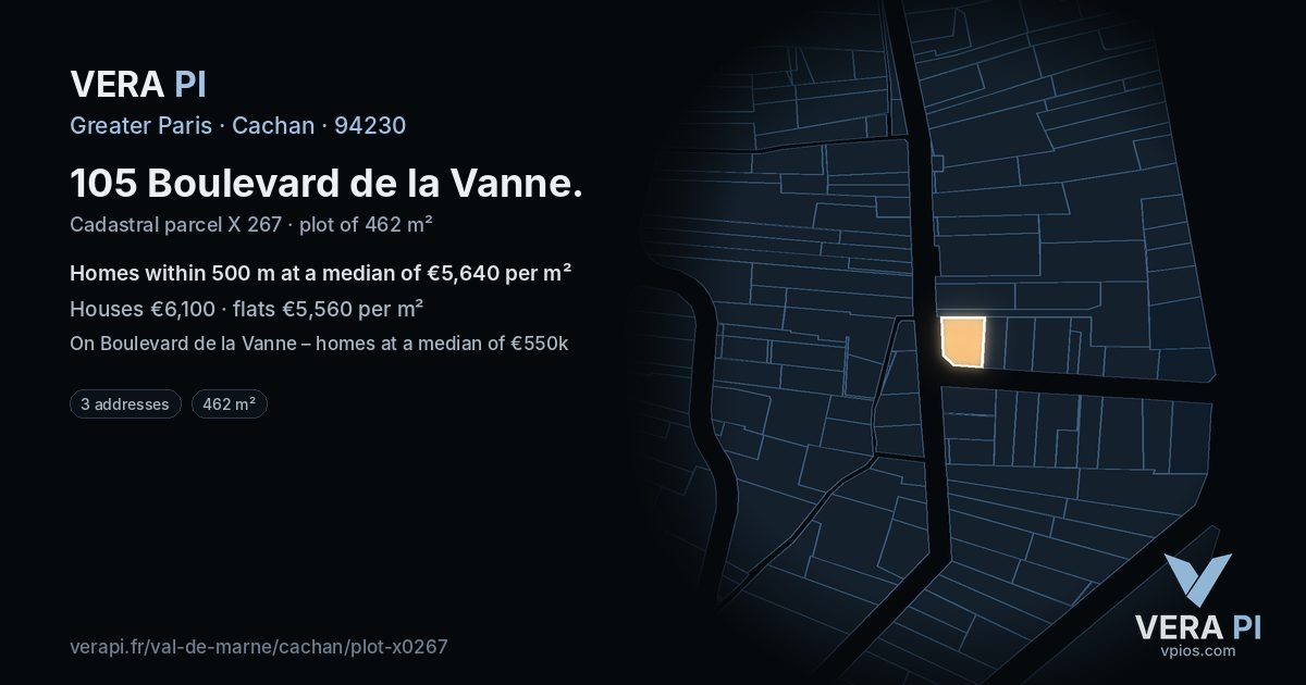 105 Boulevard de la Vanne, Cachan at night – the plot lit, the parcels around coloured by the prices near them