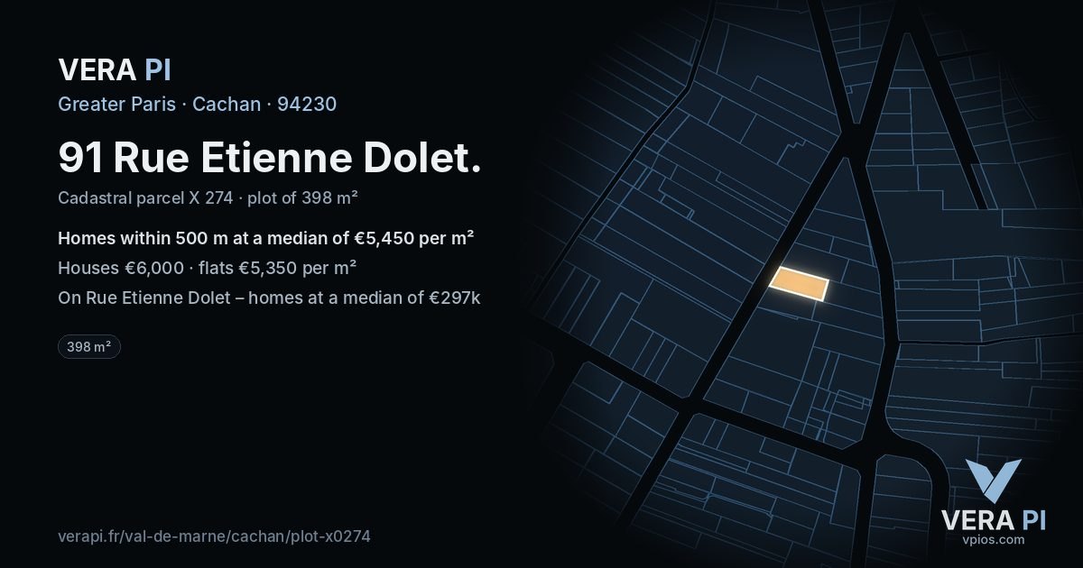 91 Rue Etienne Dolet, Cachan at night – the plot lit, the parcels around coloured by the prices near them