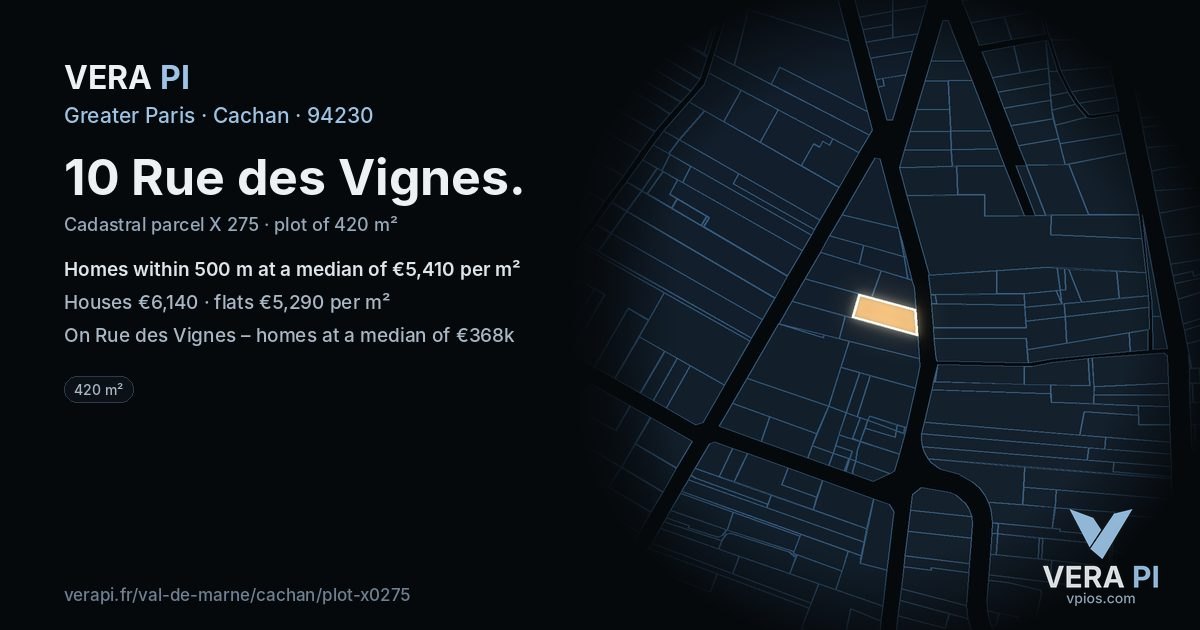 10 Rue des Vignes, Cachan at night – the plot lit, the parcels around coloured by the prices near them