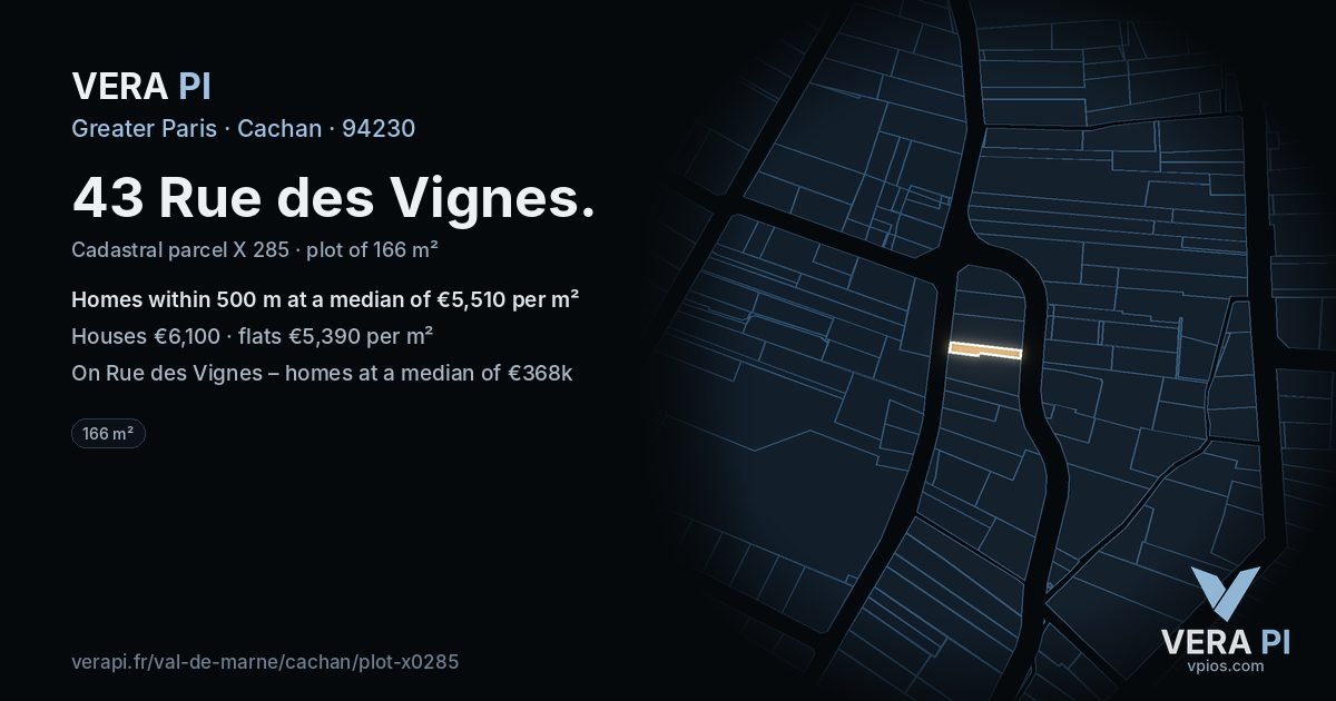 43 Rue des Vignes, Cachan at night – the plot lit, the parcels around coloured by the prices near them