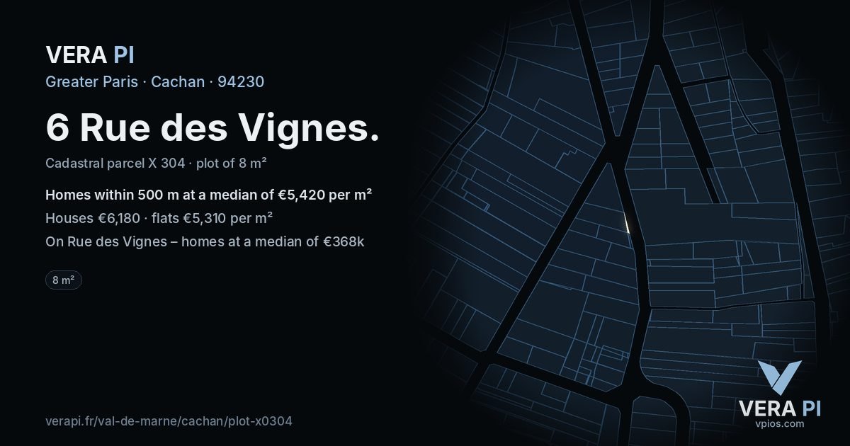 6 Rue des Vignes, Cachan at night – the plot lit, the parcels around coloured by the prices near them