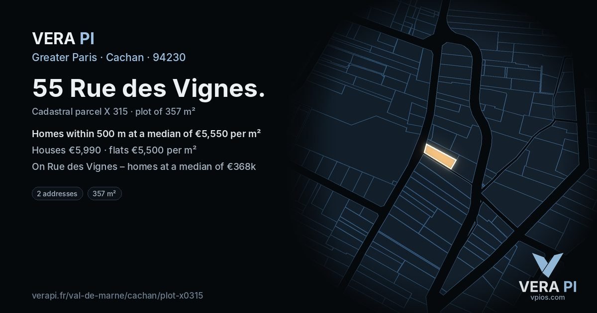 55 Rue des Vignes, Cachan at night – the plot lit, the parcels around coloured by the prices near them