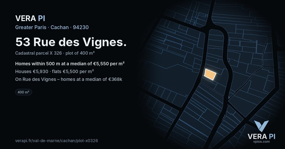 53 Rue des Vignes, Cachan at night – the plot lit, the parcels around coloured by the prices near them