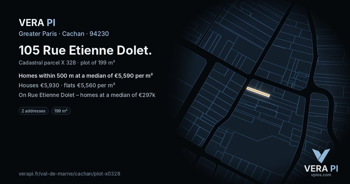 105 Rue Etienne Dolet, Cachan at night – the plot lit, the parcels around coloured by the prices near them
