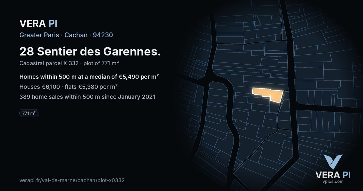 28 Sentier des Garennes, Cachan at night – the plot lit, the parcels around coloured by the prices near them