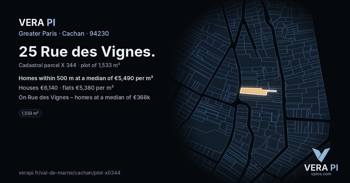 25 Rue des Vignes, Cachan at night – the plot lit, the parcels around coloured by the prices near them