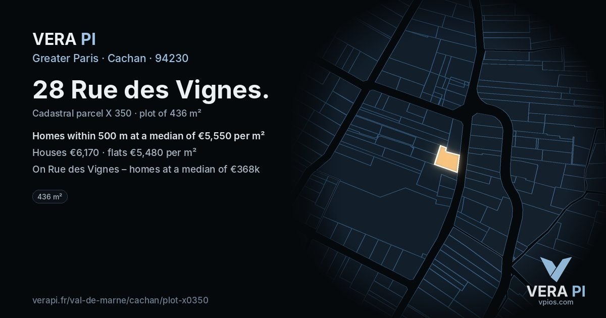 28 Rue des Vignes, Cachan at night – the plot lit, the parcels around coloured by the prices near them