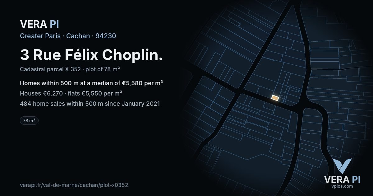3 Rue Félix Choplin, Cachan at night – the plot lit, the parcels around coloured by the prices near them